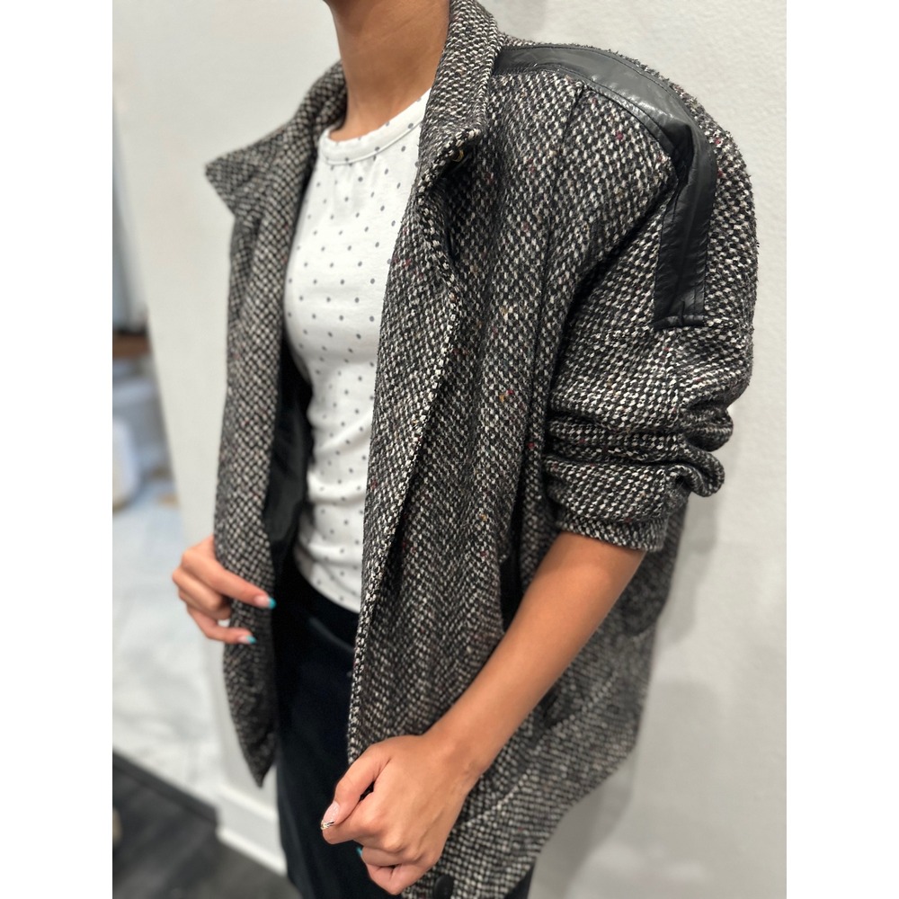 RARE Vintage Braetan 80s Wool Tweed Jacket Oversized Leather Trim